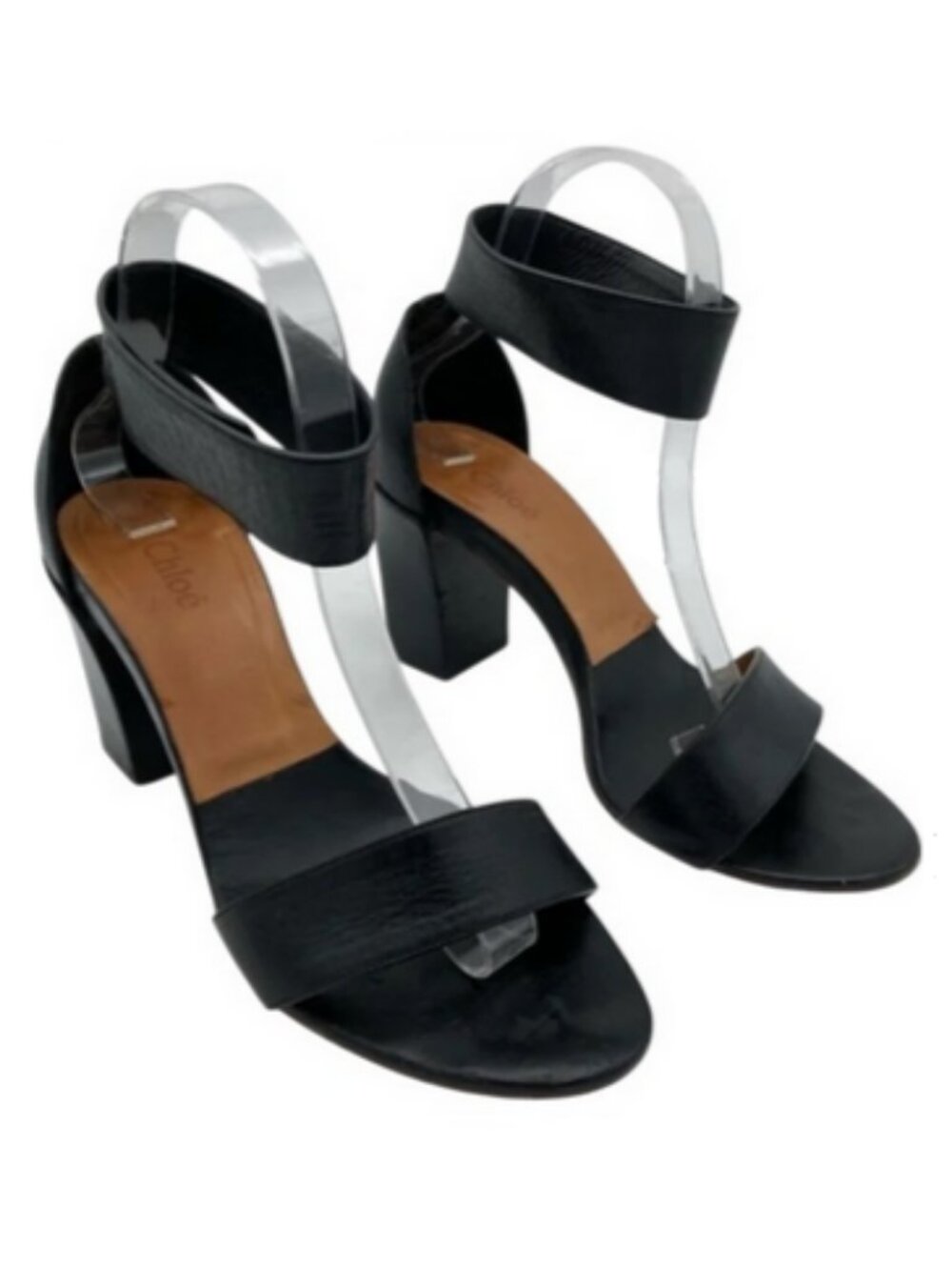 Chloe Leather Ankle Strap Block Heel Sandals